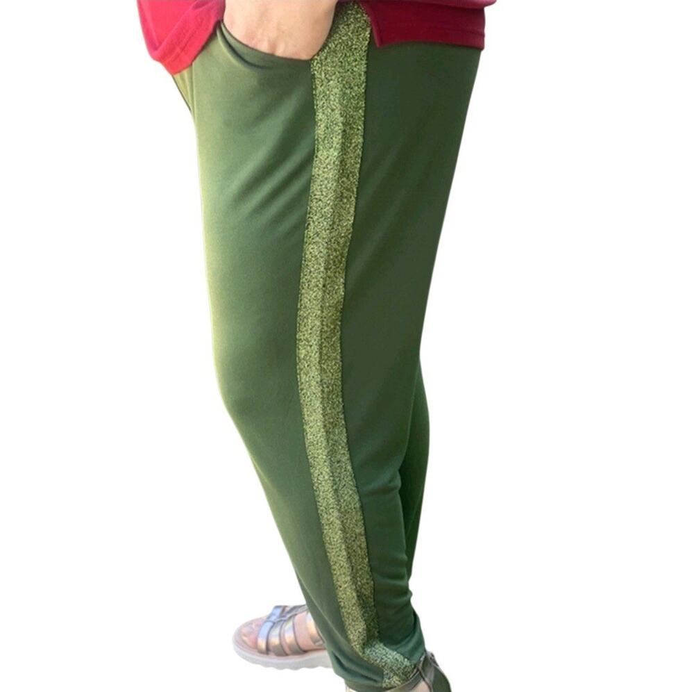 Quacker Factory Womens 2X Green Jogger Pants New Soft Pull On Metallic Strip